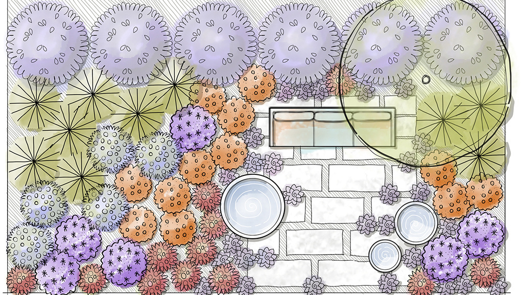 illustrated garden plan with water features, patio, and couch