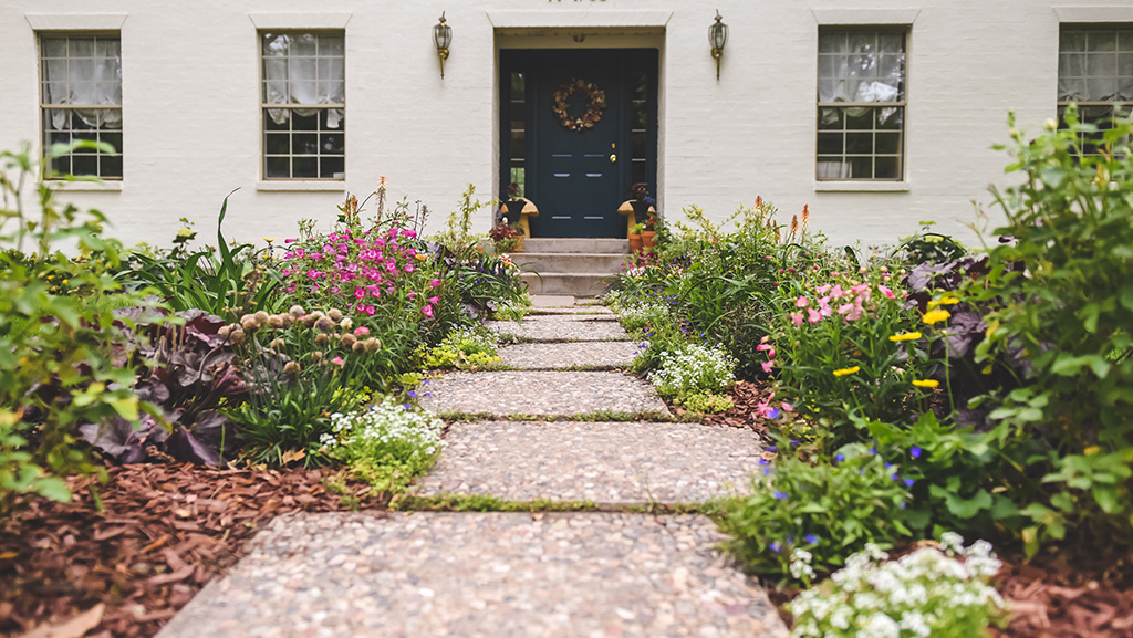 low water cottage garden around front entryway