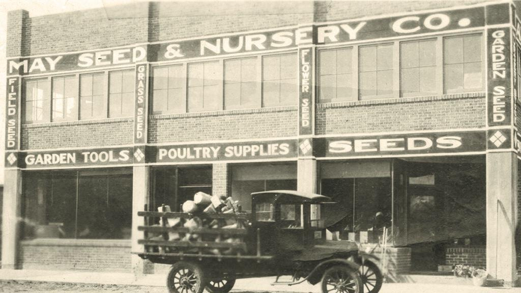 Vintage photo of May Seed and Nursery Company with an old car in front.