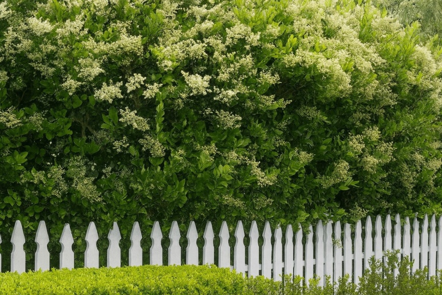 Green hedge with white flowers along a white picket fence and text that says, "Fragrant Spring-Flowering Privacy Hedges."