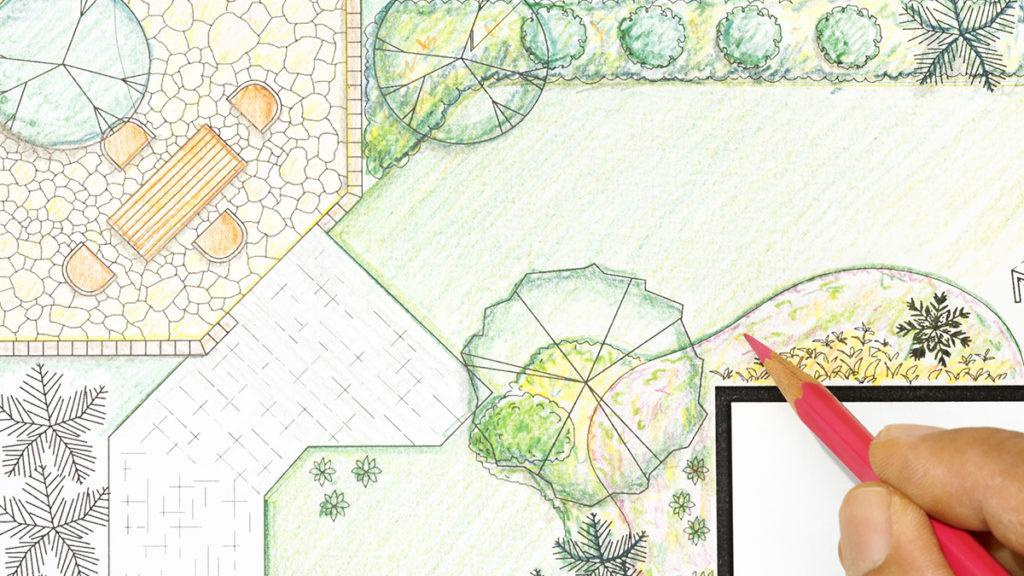 Hand drawn aerial view of a garden with a patio and shrubs all done using colored pencils.
