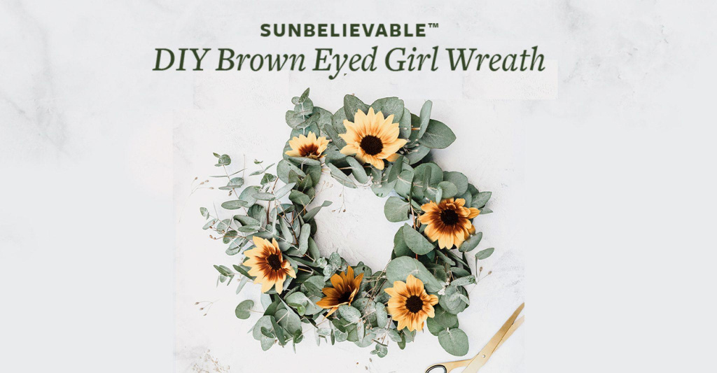 SunBelievable DIY Brown Eyed Girl Wreath" with an image of a wreath of sunflowers.
